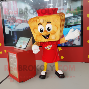 Personaje de disfraz de mascota de sándwich de queso a la parrilla rojo vestido con mini vestido y relojes digitales