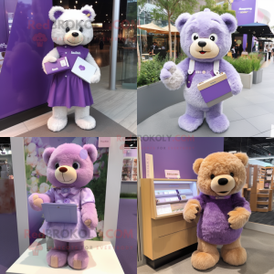 Lavender Teddy bear mascot costume character dressed with Pencil Skirt and Wallets