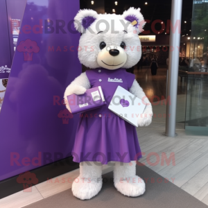 Lavender Teddy bear mascot costume character dressed with Pencil Skirt and Wallets