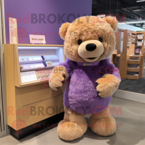 Lavender Teddy bear mascot costume character dressed with Pencil Skirt and Wallets