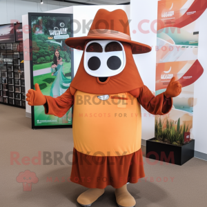 Postava maskota Rust Moussaka oblečená v Maxi šatech a čepicích
