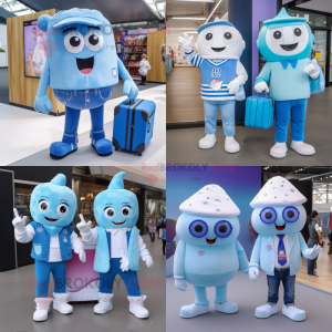 Personnage de costume de mascotte de crème glacée bleue habillé avec un jean Boyfriend et des porte-documents
