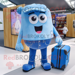 Blaue Eiscreme Maskottchen kostümfigur gekleidet in Boyfriend-Jeans und Aktentaschen
