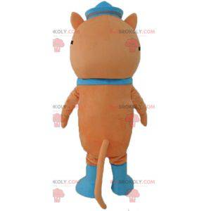 Um gato de desenho animado com um vestido laranja e um chapéu que diz o  nome do gato.