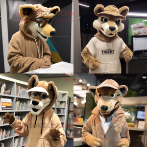 Tan Thylacosmilus mascot costume character dressed with Hoodie and Reading glasses