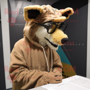 Tan Thylacosmilus mascot costume character dressed with Hoodie and Reading glasses