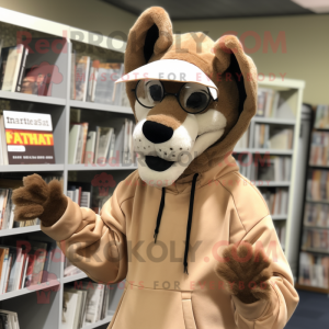 Tan Thylacosmilus mascot costume character dressed with Hoodie and Reading glasses