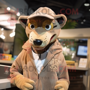 Personaje de traje de mascota Tan Thylacosmilus vestido con sudadera con capucha y gafas de lectura