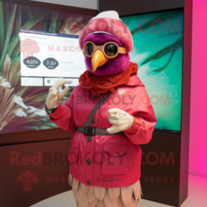 Magenta Pheasant mascot costume character dressed with Parka and Digital watches