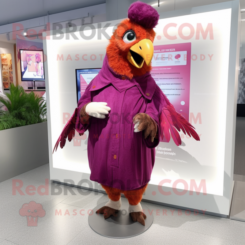 Magenta Pheasant mascot costume character dressed with Parka and Digital watches Magenta Pheasant mascot costume character dressed with Parka and Digital watches