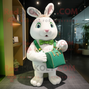Personaje de disfraz de mascota de conejo salvaje verde vestido con vestido de novia y carteras