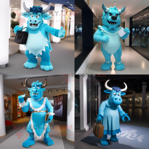 Sky Blue Minotaur mascot costume character dressed with Evening Gown and Messenger bags