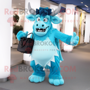 Sky Blue Minotaur mascot costume character dressed with Evening Gown and Messenger bags