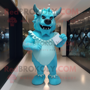 Sky Blue Minotaur mascot costume character dressed with Evening Gown and Messenger bags