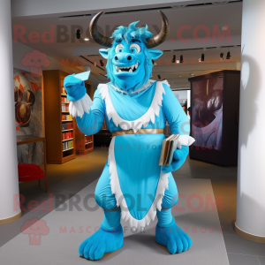 Personaggio del costume della mascotte del Minotauro blu cielo vestito con abito da sera e borse a tracolla