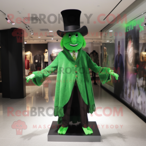 Personaggio del costume della mascotte del cappello della strega verde vestito con pantaloni e forcine