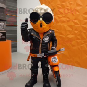 Orange ice cream cone mascot costume character dressed with Biker Jacket and Rings