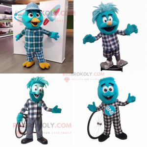 Teal unicyclist mascot costume character dressed with Flannel Shirt and Hair clips