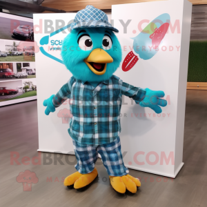 Teal unicyclist mascot costume character dressed with Flannel Shirt and Hair clips