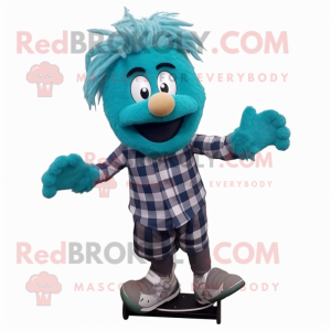 Teal unicyclist mascot costume character dressed with Flannel Shirt and Hair clips