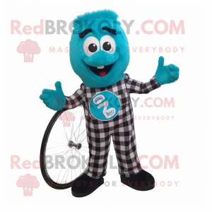 Teal unicyclist mascot costume character dressed with Flannel Shirt and Hair clips