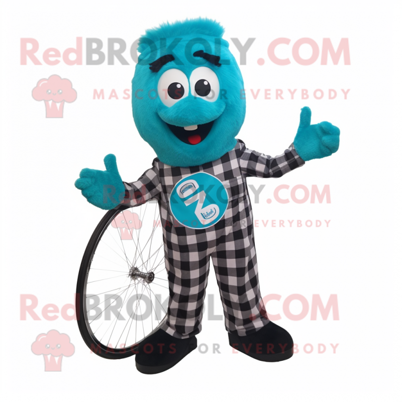 Teal unicyclist mascot costume character dressed with Flannel Shirt and Hair clips Teal unicyclist mascot costume character dressed with Flannel Shirt and Hair clips