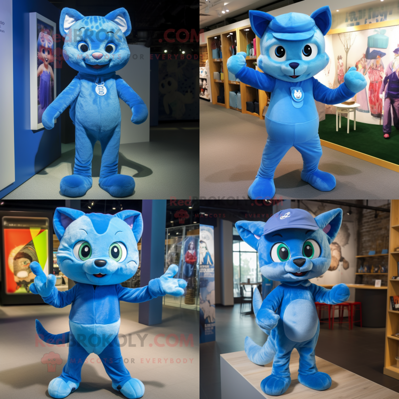 Blue Cat mascot costume character dressed with Playsuit and Beanies