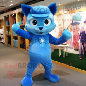 Blue Cat mascot costume character dressed with Playsuit and Beanies