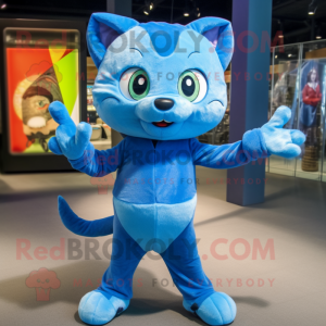 Blue Cat mascot costume character dressed with Playsuit and Beanies
