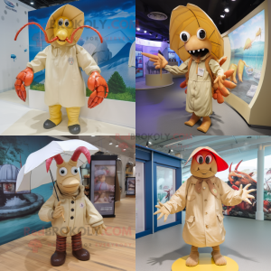 Beige Lobster mascot costume character dressed with Raincoat and Anklets