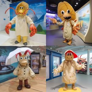 Personaggio del costume della mascotte dell aragosta beige vestito con impermeabile e cavigliere