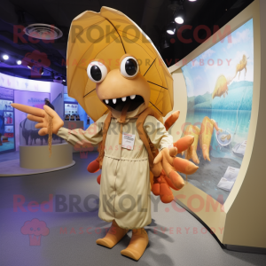 Beigefarbener Hummer Maskottchen Kostüm charakter gekleidet mit Regenmantel und Fußkettchen