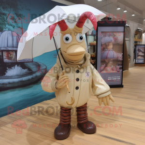Beige Lobster mascot costume character dressed with Raincoat and Anklets