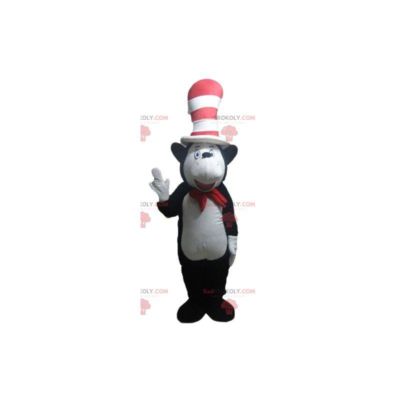 Mascotte orso topo bianco e nero con un grande cappello -