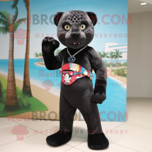 personaje del disfraz de la mascota de Panther vestido con pantalones cortos y llaveros