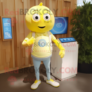 Beige Lemon mascot costume character dressed with Henley Shirt and Digital watches