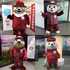 Maroon Seal mascot costume character dressed with Vest and Hat pins