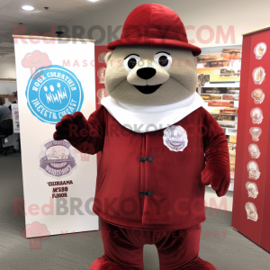 Maroon Seal mascot costume character dressed with Vest and Hat pins
