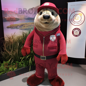 Maroon Seal mascot costume character dressed with Vest and Hat pins