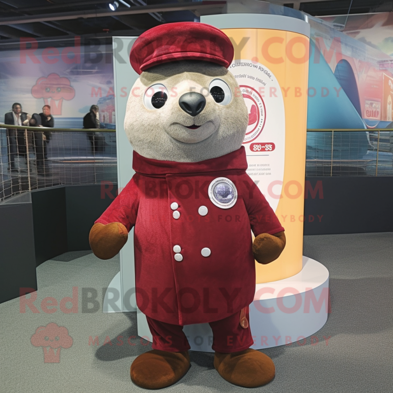 Maroon Seal mascot costume character dressed with Vest and Hat pins Maroon Seal mascot costume character dressed with Vest and Hat pins