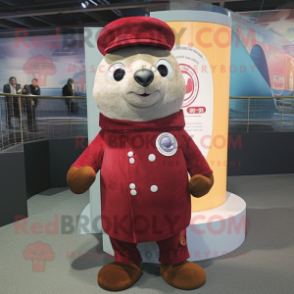 Maroon Seal mascot costume character dressed with Vest and Hat pins