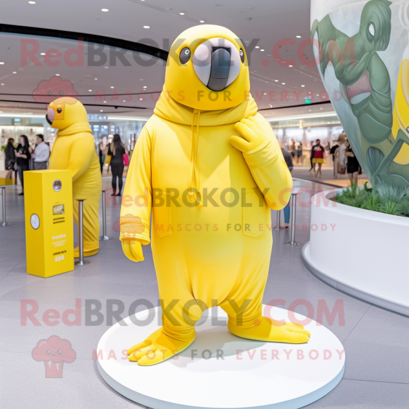 Lemon Yellow Walrus mascot costume character dressed with Jumpsuit and Berets Lemon Yellow Walrus mascot costume character dressed with Jumpsuit and Berets