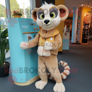 Personaje de traje de mascota Lemur beige vestido con pantalones y monederos