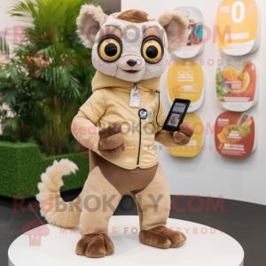 Personaggio del costume della mascotte del lemure beige vestito con pantaloni e portamonete
