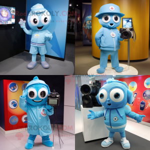 Sky Blue Camera mascot costume character dressed with Windbreaker and Brooches