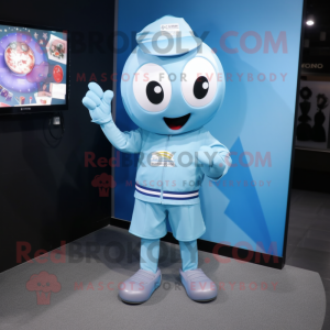 Sky Blue Camera mascot costume character dressed with Windbreaker and Brooches