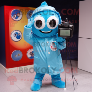 Sky Blue Camera mascot costume character dressed with Windbreaker and Brooches