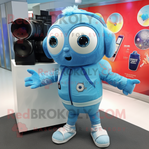 Personaje de traje de mascota Sky Blue Camera vestido con rompevientos y broches