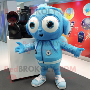 Sky Blue Camera mascot costume character dressed with Windbreaker and Brooches