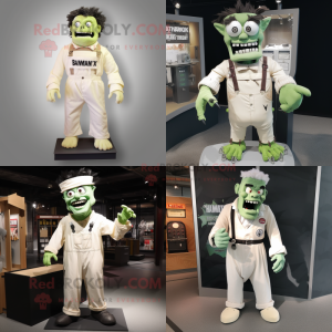 Cream frankenstein's monster mascot costume character dressed with Overalls and Tie pins